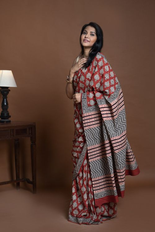 ICH Bagru Statements. Hand Block Printed Mul Cotton Saree - Red Ornate
