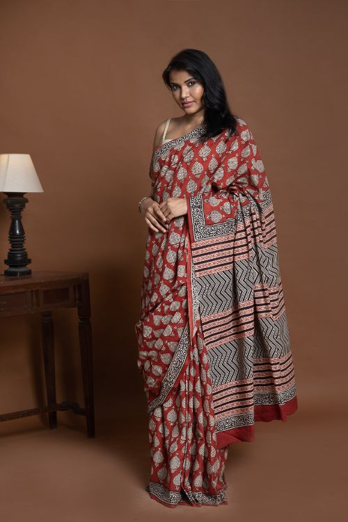 ICH Bagru Statements. Hand Block Printed Mul Cotton Saree - Red Ornate