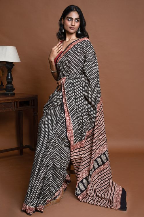 ICH Bagru Statements. Hand Block Printed Mul Cotton Saree - Black Buds