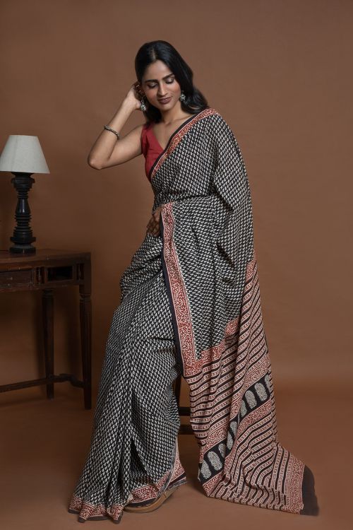 ICH Bagru Statements. Hand Block Printed Mul Cotton Saree - Black Buds