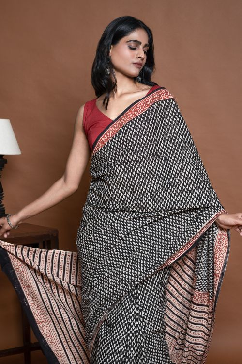 ICH Bagru Statements. Hand Block Printed Mul Cotton Saree - Black Buds