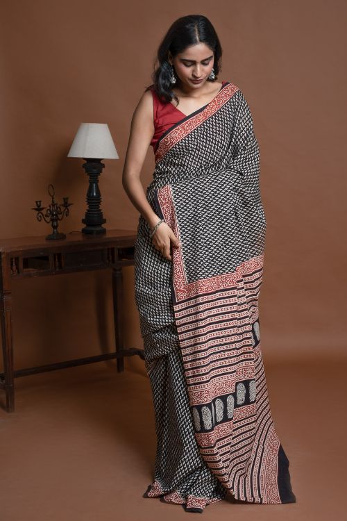 ICH Bagru Statements. Hand Block Printed Mul Cotton Saree - Black Buds