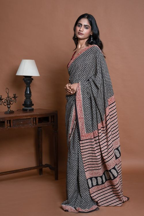 ICH Bagru Statements. Hand Block Printed Mul Cotton Saree - Black Buds