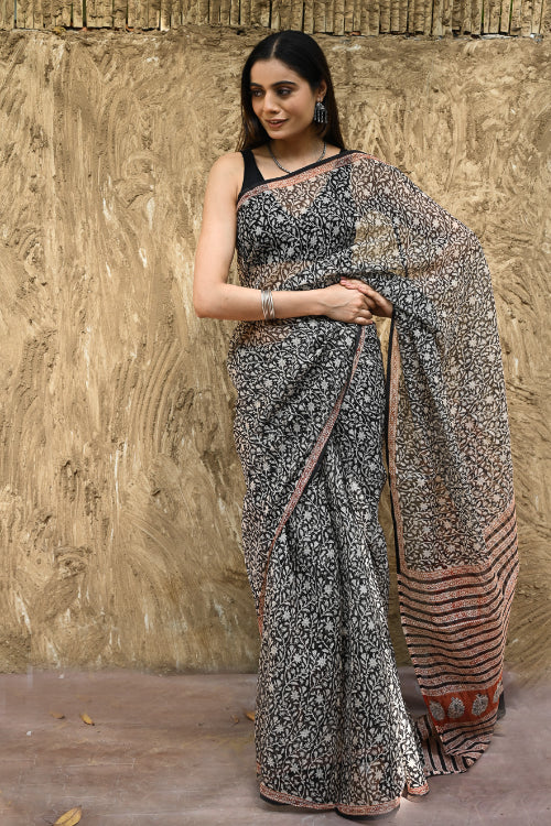 The ICH Bagru Statements : Hand Block Printed Kota Doria Saree - Vanshika - Black, Off-White And Red