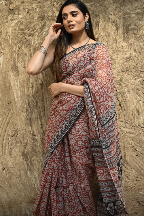 The ICH Bagru Statements : Hand Block Printed Kota Doria Saree - Kusum Rekha