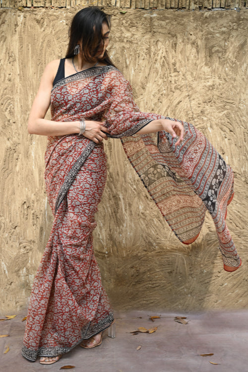 The ICH Bagru Statements : Hand Block Printed Kota Doria Saree - Kusum Rekha