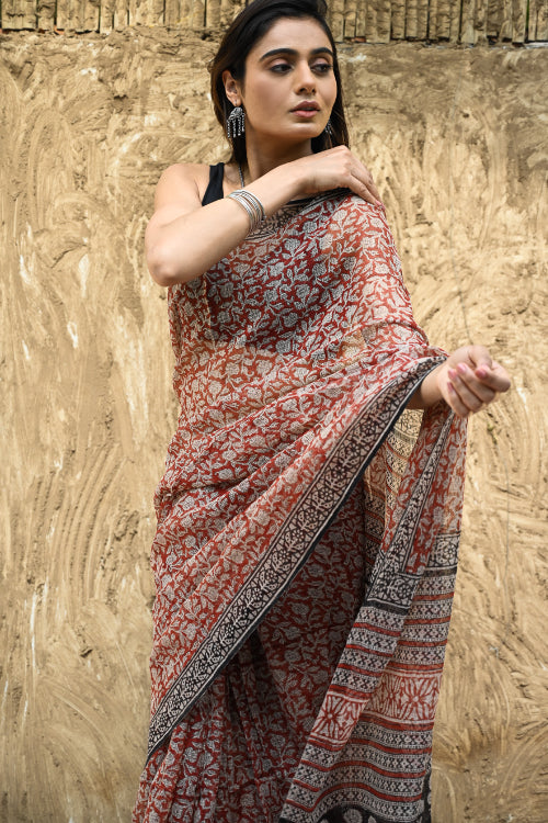 The ICH Bagru Statements : Hand Block Printed Kota Doria Saree - Kusum Rekha