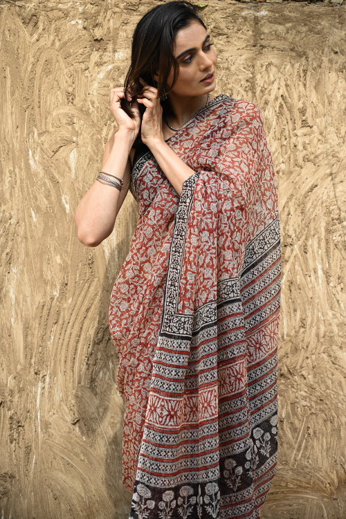 The ICH Bagru Statements : Hand Block Printed Kota Doria Saree - Kusum Rekha