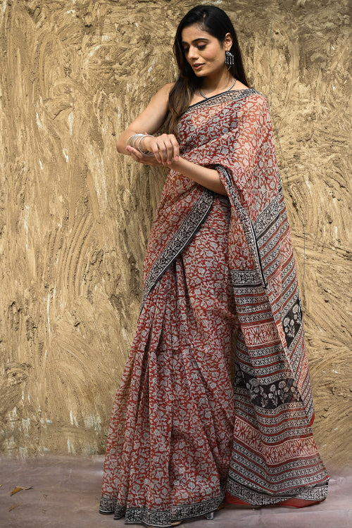 The ICH Bagru Statements : Hand Block Printed Kota Doria Saree - Kusum Rekha