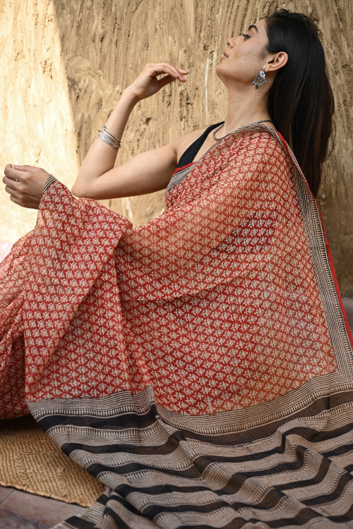 The ICH Bagru Statements : Hand Block Printed Kota Doria Saree - Rakta Valli