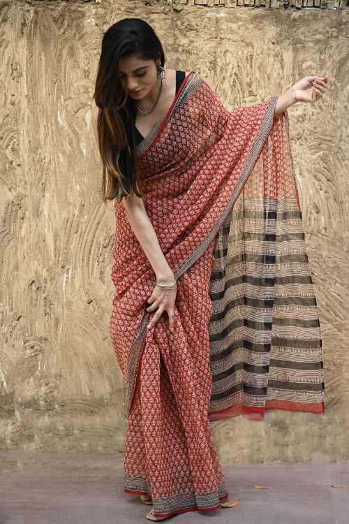 The ICH Bagru Statements : Hand Block Printed Kota Doria Saree - Rakta Valli