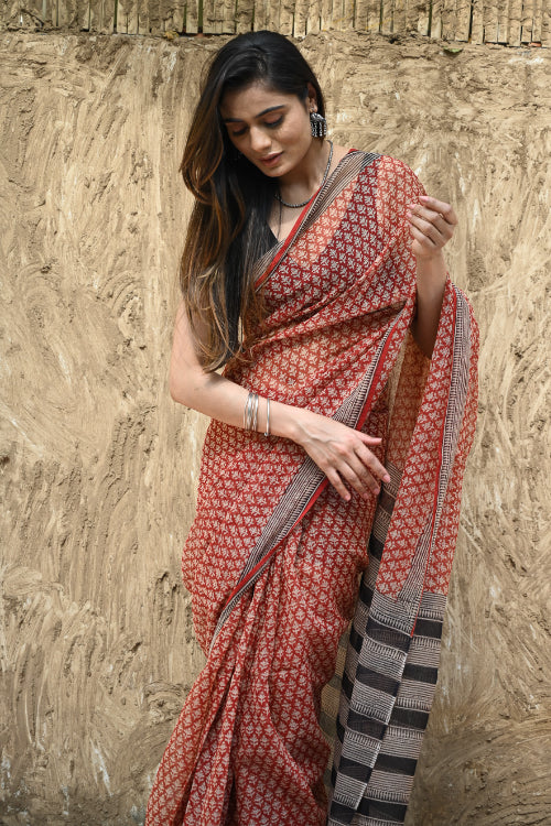 The ICH Bagru Statements : Hand Block Printed Kota Doria Saree - Rakta Valli