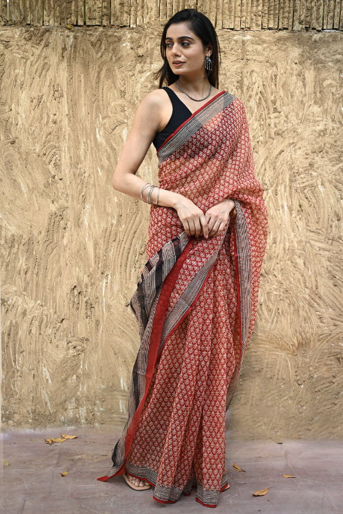 The ICH Bagru Statements : Hand Block Printed Kota Doria Saree - Rakta Valli