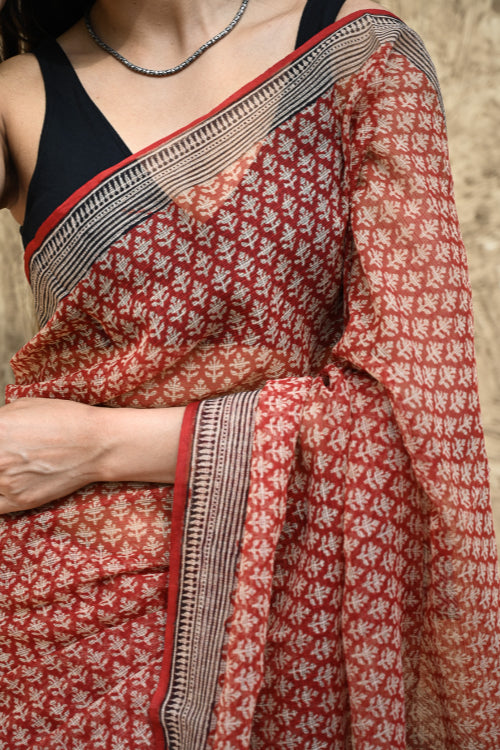 The ICH Bagru Statements : Hand Block Printed Kota Doria Saree - Rakta Valli