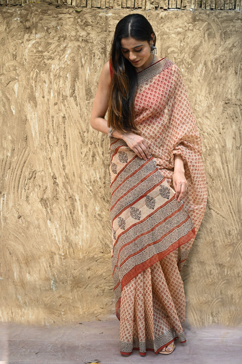 The ICH Bagru Statements : Hand Block Printed Kota Doria Saree - Vanshika
