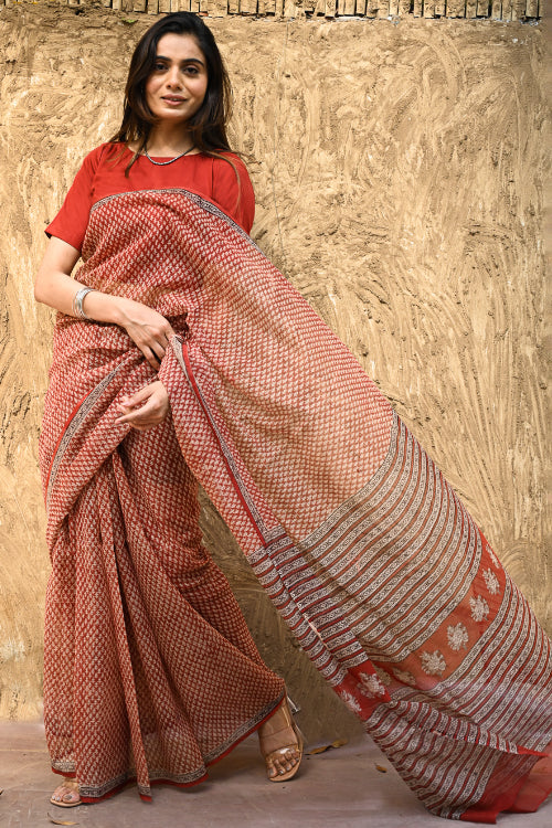 The ICH Bagru Statements : Hand Block Printed Kota Doria Saree - Kusuma Dhara