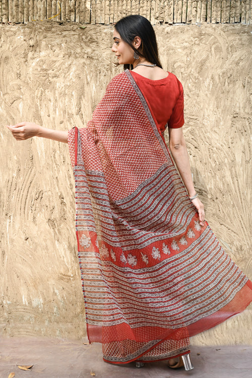 The ICH Bagru Statements : Hand Block Printed Kota Doria Saree - Kusuma Dhara