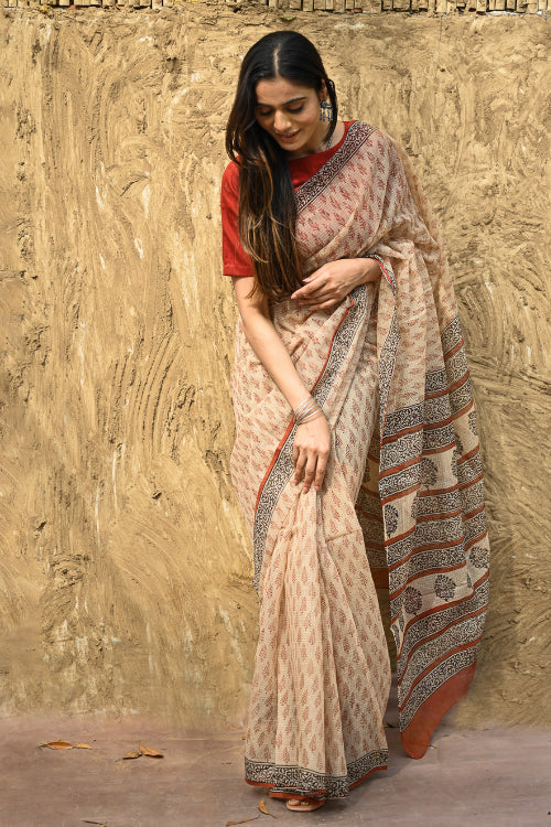 The ICH Bagru Statements : Hand Block Printed Kota Doria Saree - Mridu Pallav
