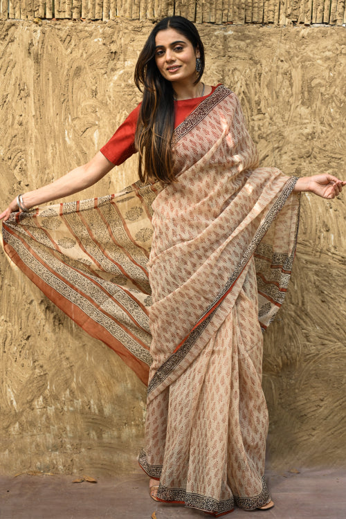 The ICH Bagru Statements : Hand Block Printed Kota Doria Saree - Mridu Pallav