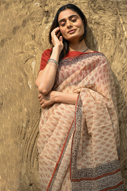 The ICH Bagru Statements : Hand Block Printed Kota Doria Saree - Mridu Pallav