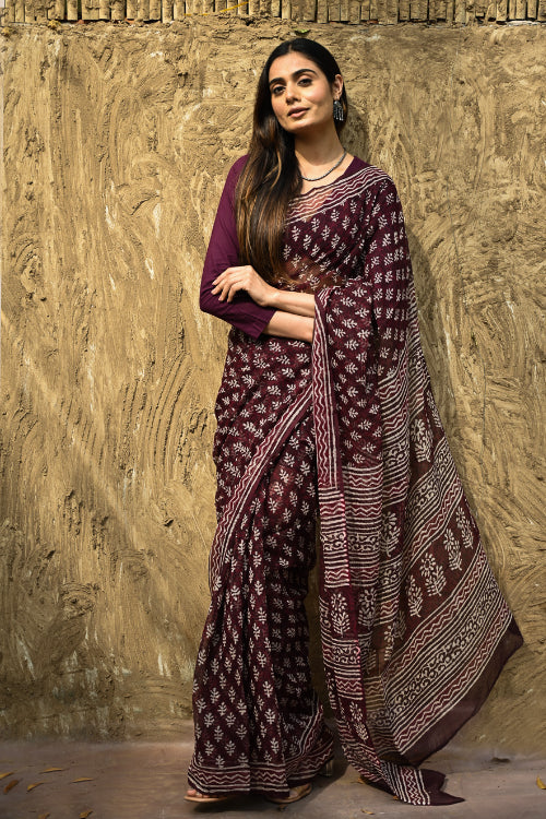 The ICH Dabu Vibes : Hand Block Printed Kota Doria Saree - Rakta Pushpa