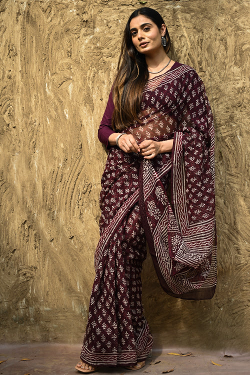 The ICH Dabu Vibes : Hand Block Printed Kota Doria Saree - Rakta Pushpa