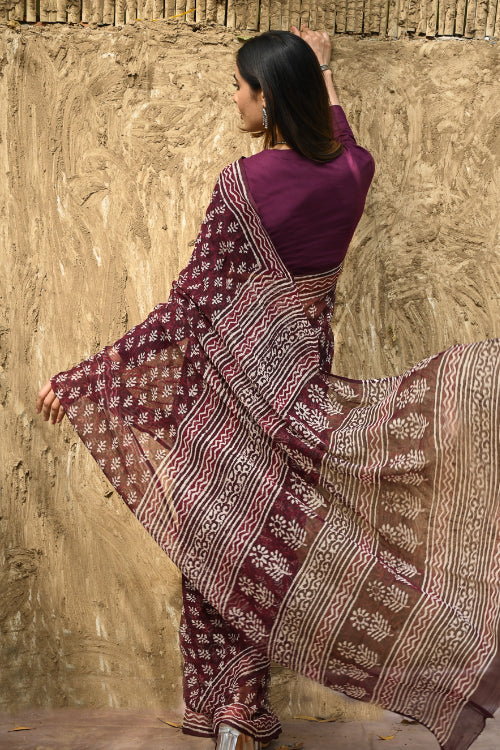The ICH Dabu Vibes : Hand Block Printed Kota Doria Saree - Rakta Pushpa