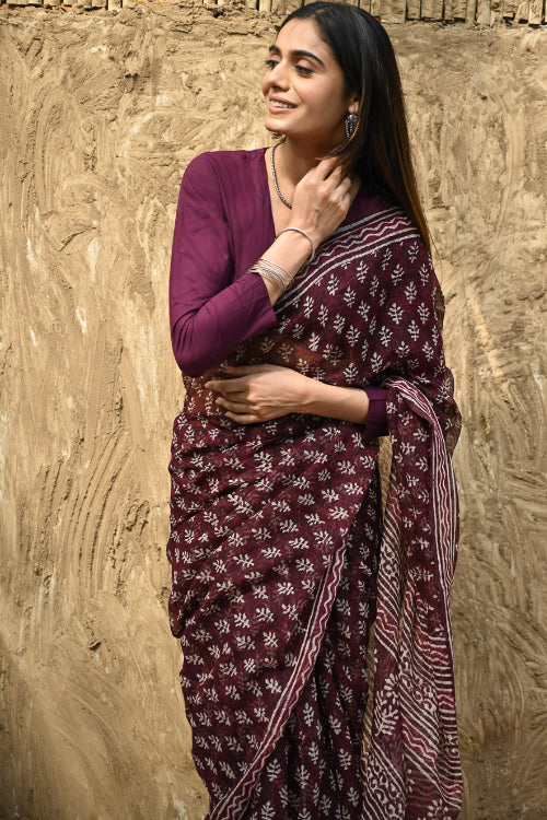 The ICH Dabu Vibes : Hand Block Printed Kota Doria Saree - Rakta Pushpa
