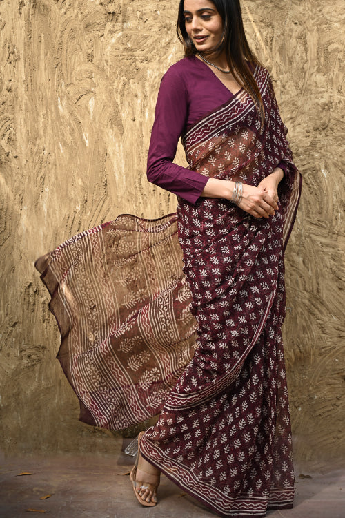 The ICH Dabu Vibes : Hand Block Printed Kota Doria Saree - Rakta Pushpa