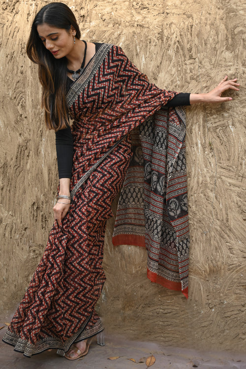 The ICH Bagru Statements : Hand Block Printed Kota Doria Saree - Agni Lahra