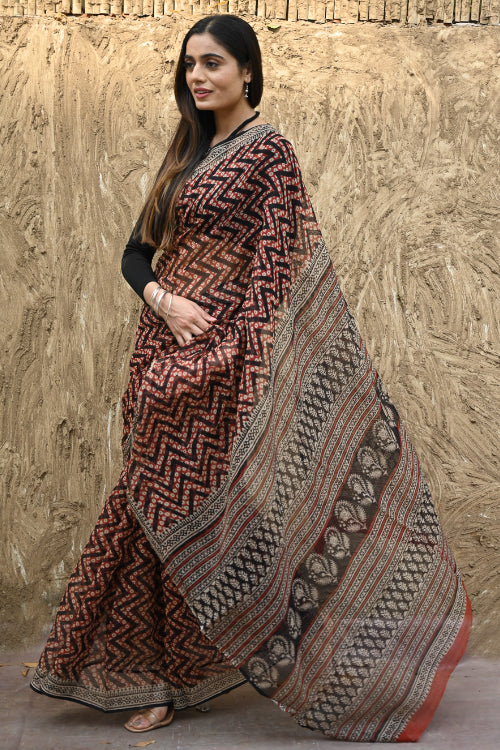 The ICH Bagru Statements : Hand Block Printed Kota Doria Saree - Agni Lahra