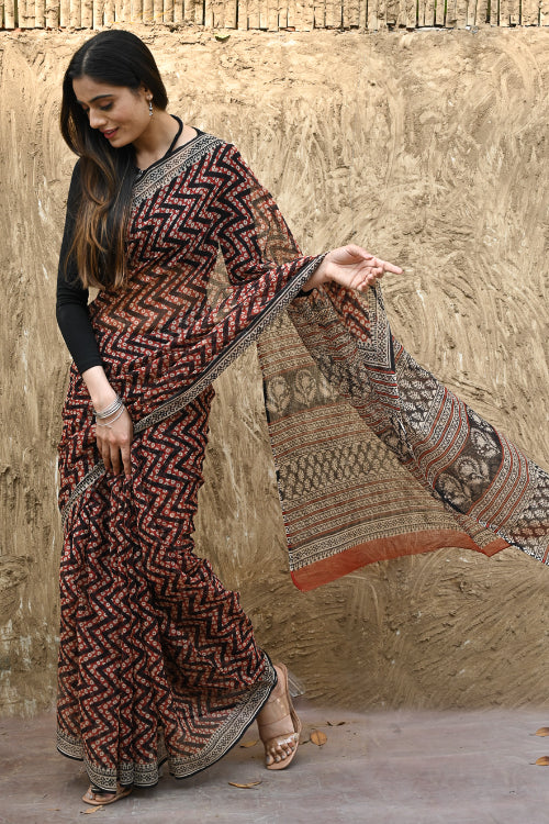 The ICH Bagru Statements : Hand Block Printed Kota Doria Saree - Agni Lahra