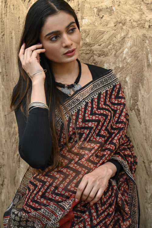 The ICH Bagru Statements : Hand Block Printed Kota Doria Saree - Agni Lahra