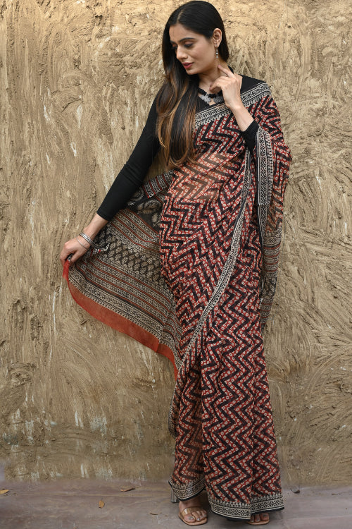 The ICH Bagru Statements : Hand Block Printed Kota Doria Saree - Agni Lahra