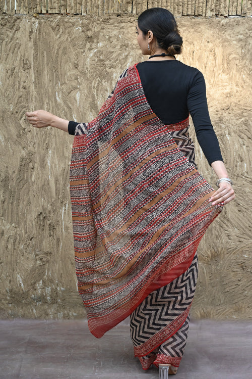 The ICH Bagru Statements : Hand Block Printed Kota Doria Saree - Rekh Vritta