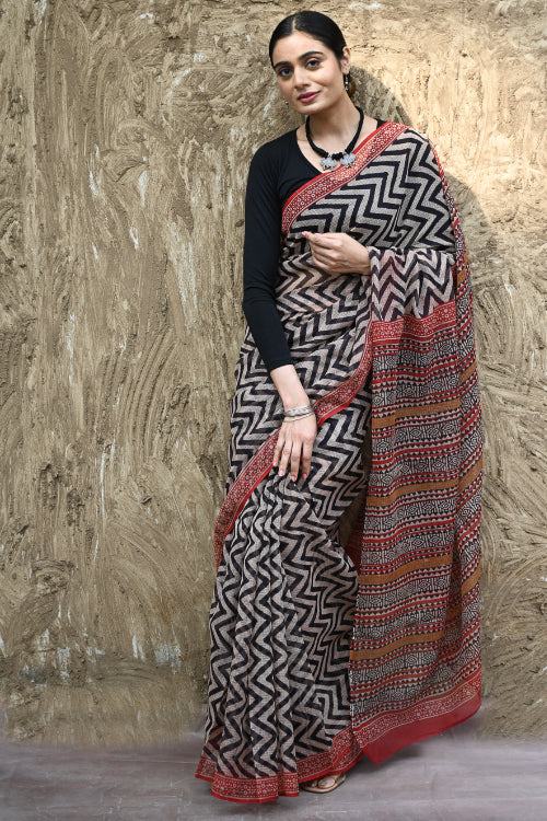 The ICH Bagru Statements : Hand Block Printed Kota Doria Saree - Rekh Vritta