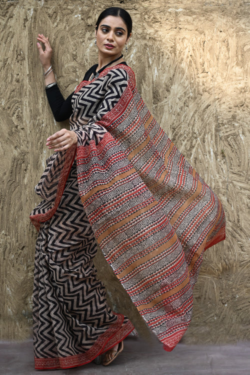 The ICH Bagru Statements : Hand Block Printed Kota Doria Saree - Rekh Vritta