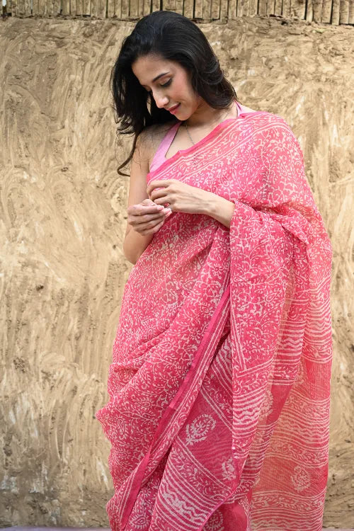 The ICH Dabu Vibes : Hand Block Printed Kota Doria Saree - Gulnaar