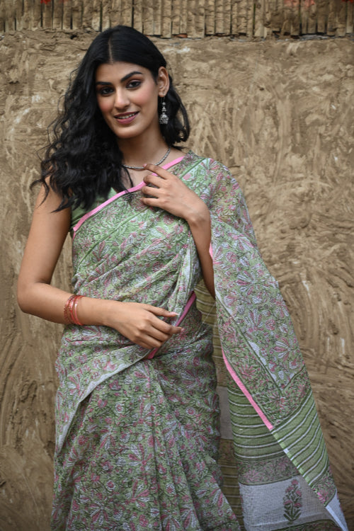 The ICH Sanganer Summers : Hand Block Printed Kota Doria Saree - Harit Vana