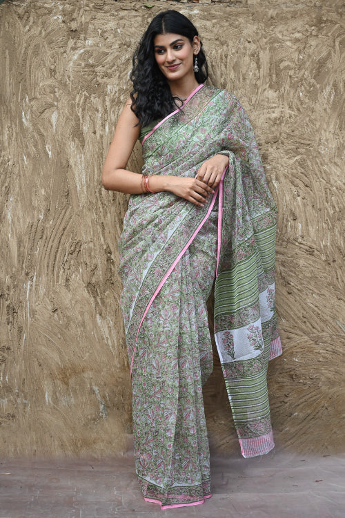 The ICH Sanganer Summers : Hand Block Printed Kota Doria Saree - Harit Vana