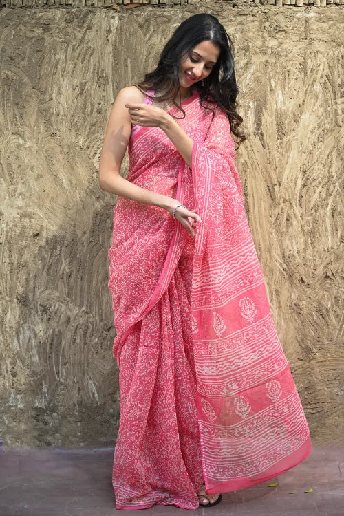 The ICH Dabu Vibes : Hand Block Printed Kota Doria Saree - Gulnaar