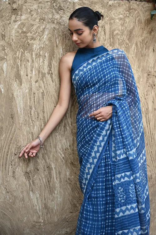 The ICH Dabu Vibes : Hand Block Printed Kota Doria Saree - Neelrekh
