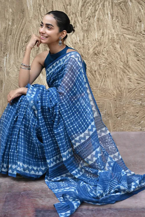 The ICH Dabu Vibes : Hand Block Printed Kota Doria Saree - Neelrekh