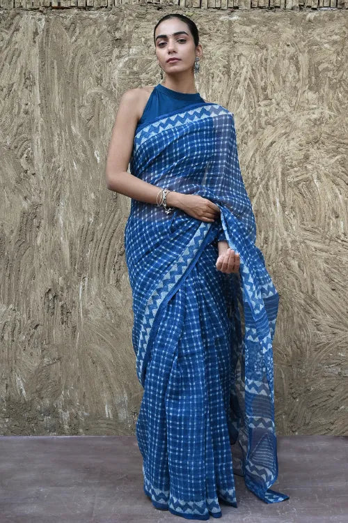 The ICH Dabu Vibes : Hand Block Printed Kota Doria Saree - Neelrekh