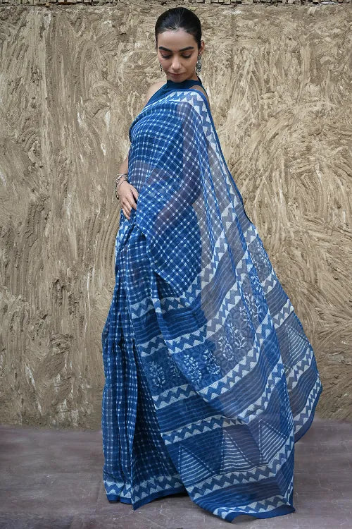 The ICH Dabu Vibes : Hand Block Printed Kota Doria Saree - Neelrekh