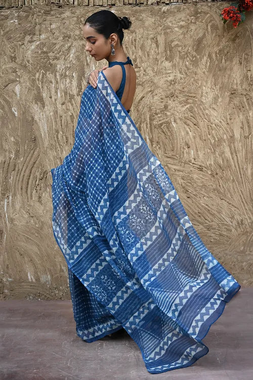 The ICH Dabu Vibes : Hand Block Printed Kota Doria Saree - Neelrekh