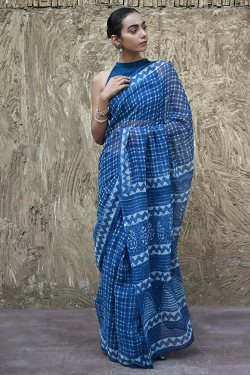 The ICH Dabu Vibes : Hand Block Printed Kota Doria Saree - Neelrekh