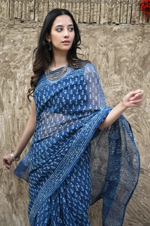 The ICH Dabu Vibes : Hand Block Printed Kota Doria Saree - Meghbel