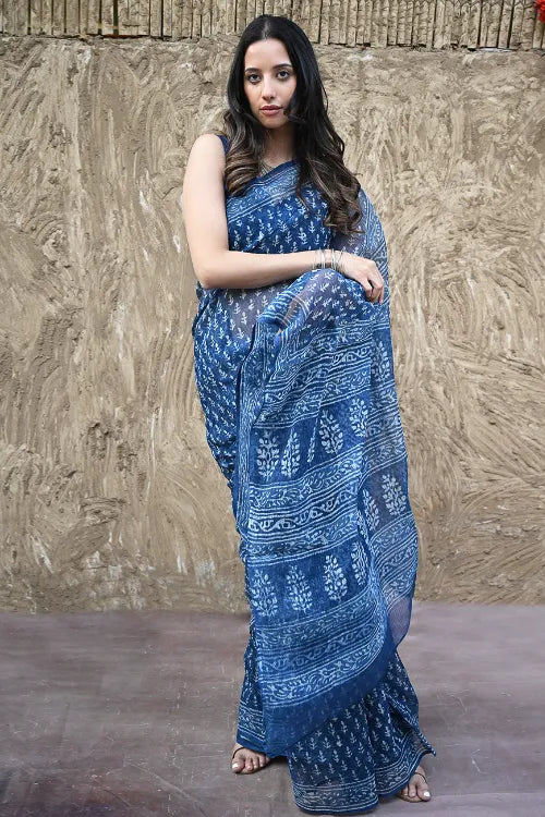 The ICH Dabu Vibes : Hand Block Printed Kota Doria Saree - Meghbel