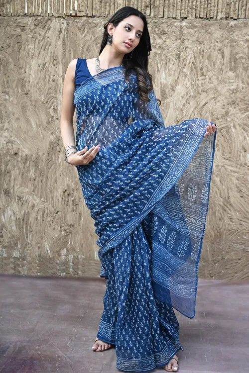 The ICH Dabu Vibes : Hand Block Printed Kota Doria Saree - Meghbel